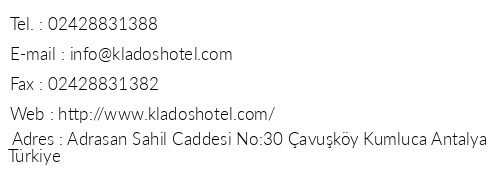 Adrasan Klados Hotel telefon numaralar, faks, e-mail, posta adresi ve iletiim bilgileri